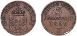 World Coins - Germany Kingdom of Prussia German states 1862 A 3 Pfennigs - William I Copper 4.38g XF AKS 106 Old/Mue 2 424, 427, 431 KM 482 Neum 17 Schr 162-188