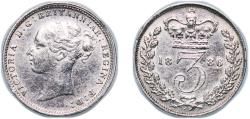 World Coins - Great Britain United Kingdom 1886 3 Pence - Victoria (1st portrait; incl. Maundy and Colonial) Silver (.925) (6152600) 1.4g AU KM 730 Sp 3914 Sp 3918