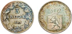 World Coins - Germany Grand Duchy of Hesse-Darmstadt 1845 3 Kreuzers - Louis II Billon (.281 silver) Darmstadt Mint (245000) 1.23g AU  AKS 113 Jaeg 2 FH 45 KM 317