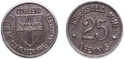 World Coins - Germany City of Koblenz 1918 25 Pfennig - Coblenz Iron (1600000) 5.05g XF Funck 80.2 Men05 4526.4 Men18 5727.4