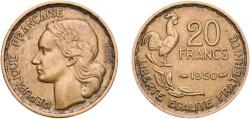 World Coins - France Fourth Republic 1950 20 Francs (signature "GEORGES GUIRAUD") Copper-aluminium (91% Copper, 9% Aluminium) Beaumont-le-Roger Mint (5778975) 4.02g XF  Franc 2014 401 KM 916 Ga