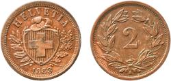 World Coins - Switzerland Federal State 1883 B 2 Rappen (Wreath; bronze; light type) Bronze (95% copper, 4% tin, 1% zinc) Bern Mint (1000000) 2.51g XF  HMZ 2 1213 Divo/Tob19 323 KM 4 Schön 16 Y