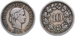 World Coins - Switzerland Federal State 1883 B 10 Rappen (Libertas; copper-nickel) Copper-nickel (75% copper, 25% nickel; non-magnetic) Bern Mint (2000000) 2.93g VF HMZ 2 1210 Divo/Tob19 314 KM