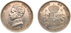 World Coins - Spain Kingdom 1905 SMV 2 Pesetas - Alfonso XIII (4th portrait) Silver (.835) Madrid Mint (3589000) 10g XF KM 725