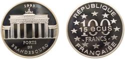 World Coins - France Fifth Republic 1993 100 Francs / 15 ECUs (Brandenburg Gate) Silver (.900) (20000) 22.2g PF KM 1032