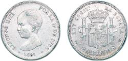 World Coins - Spain Kingdom 1891 *18-91 PGM 2 Pesetas - Alfonso XIII (1st portrait) Silver (.835) Madrid Mint (93000) 9.96g XF KM 692 Cal 29