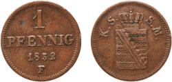 World Coins - Germany Kingdom of Saxony German states 1852 1 Pfennig - Frederick August II Copper Dresden Mint (918000) 1.7g VF  AKS 112 Jaeg 10 SW 79 KM 1155 Kahnt/Schön 119