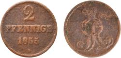 World Coins - Germany Kingdom of Hannover German states 1855 2 Pfennige - George V Copper Hanover Mint 4.12g VF  AKS 152 Jaeg 8 HB 84 KM 217 Kahnt/Schön 168