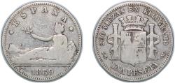 World Coins - Spain Provisional Government 1869 SNM 1 Peseta - Provisional Government (ESPAÑA) Silver (.835) Madrid Mint (367000) 4.82g VF KM 653 Cal 15