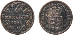 World Coins - Germany Kingdom of Württemberg German states 1870 1 Kreuzer - Karl I Billon (.166 silver) Staatliche Münze Baden-Württemberg Mint (1255875) 0.74g VF  AKS 128 KR 116 Jaeg 1 Wu 82 K