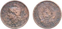 World Coins - Argentina Federal Republic 1889 2 Centavos Bronze (2391000) 9.36g VF Corrossion KM 33