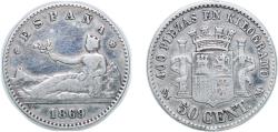 World Coins - Spain Provisional Government 1869 *6-9 SNM 50 Centimos - Provisional Government Silver (.835) Madrid Mint (452726) 2.45g VF KM 651 Cal 18