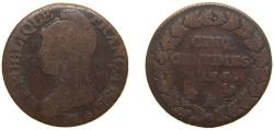 World Coins - France First Republic AN 8 (1799) A 5 Centimes Copper Paris Mint (6864) 9.8g VF F 114 Gad 125 KM 642