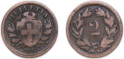 World Coins - Switzerland Federal State 1851 A 2 Rappen (Wreath; bronze; light type) Bronze (95% copper, 4% tin, 1% zinc) Paris Mint (3720000) 2.32g VF HMZ 2 1213 Divo/Tob19 323 KM 4 Schön 16 Y