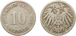World Coins - Germany Second Empire 1891 A 10 Pfennig - Wilhelm II (type 2 - small shield) Copper-nickel (Cu 750, Ni 250) Berlin Mint (4239355) 3.83g VF  KM 12 AKS 12 J 13 Schön 13 Neum 30