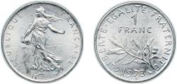 World Coins - France Fifth Republic 1973 1 Franc (Signature "O. Roty") Nickel (70079000) 6.03g UNC F 226 Gad 474 KM 925.1 Schön 233 Wikidata Q286168