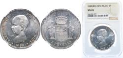 World Coins - Spain Kingdom 1888 MPM 5 Pesetas - Alfonso XIII (1st portrait) Silver (.900) Madrid Mint (10643900) 25g NGC MS 65  KM 689
