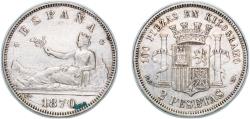 World Coins - Spain Provisional Government 1870 *18-74 DEM 2 Pesetas - Provisional Government Silver (.835) Madrid Mint (14892932) 9.88g XF KM 654