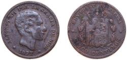 World Coins - Spain Kingdom 1877 OM 5 Centimos - Alfonso XII Bronze (95% copper, 4% tin, 1% zinc) Barcelona Mint (34376000) 5g VF KM 674 Cal 71