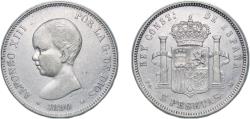 World Coins - Spain Kingdom 1890 *18-90 PGM 5 Pesetas - Alfonso XIII (1st portrait) Silver (.900) Madrid Mint (3000000) 24.96g XF KM 689 Cal 12
