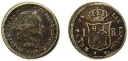 World Coins - Spain Kingdom 1863 1 Real - Isabel II Silver (.900) Seville Mint 1.3g VF KM 606.3