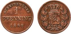 World Coins - Germany Kingdom of Bavaria Second Empire 1868 1 Pfenning - Maximilian II Copper Munich Mint (1394000) 1.39g XF  AKS 161, 185 Jaeg 5 Bay 91 KM 856 Wittelsbach 2889
