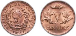 World Coins - Colombia Republic 1967 5 Centavos Copper clad steel (90% Steel, 10% Copper) Casa de Moneda de Colombia Mint (10280000) 3.2g UNC KM 206a Schön 27a Hernández 384 Restrepo 372