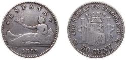 World Coins - Spain Provisional Government 1869 *6-9 SNM 50 Centimos Silver (.835) Madrid Mint (452726) 2.5g VF KM651 Cal18