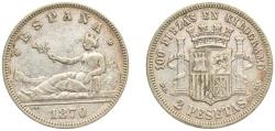 World Coins - Spain Kingdom 1870 *18-73 DEM 2 Pesetas Silver (.835) Madrid Mint (11879646) 10g VF KM 654
