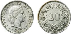 World Coins - Switzerland Federal State 1952 B 20 Rappen (Libertas; copper-nickel) Copper-nickel (75% copper, 25% nickel; non-magnetic) Bern Mint (3075000) 3.99g UNC  HMZ 2 1208 Divo/Tob19 312