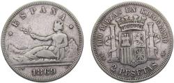 World Coins - Spain Provisional Government 1869 *18-69 SNM 2 Pesetas 10g