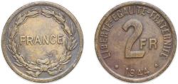 World Coins - France 1944 2 Francs Brass (50000000) 7.95g XF F 271 Gad 537 KM 905
