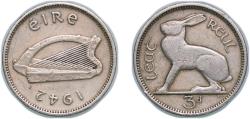 World Coins - Ireland Republic 1942 ½ Reul / 3 Pingine Copper-nickel (4000000) 3.24g VF KM 12a Sp 6642 Schön 12a