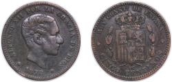 World Coins - Spain Kingdom 1878 OM 5 Centimos - Alfonso XII Bronze (95% copper, 4% tin, 1% zinc) Casa de la Moneda de Barcelona, La Sec (67954000) 5.05g XF KM 674 Cal 70