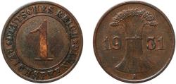 World Coins - Germany Weimar Republic 1931 A 1 Reichspfennig Copper Berlin Mint (38480582) 1.94g XF  KM 37 AKS 57 J 313 Schön 36