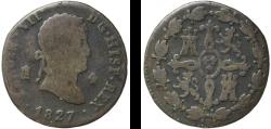 World Coins - Spain Kingdom 1827 4 Maravedis - Fernando VII (2nd portrait) Copper Real ingenio de Segovia Mint 4.52g F  KM 486.1 Cal 1672