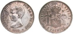 World Coins - Spain Kingdom 1888 *18-88 MPM 5 Pesetas - Alfonso XIII (1st portrait) Silver (.900) Madrid Mint (10643900) 25g XF KM 689
