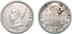 World Coins - Spain Kingdom 1904 *0-4 SMV 50 Centimos - Alfonso XIII (4th portrait) Silver (.835) (4851000) 2.51g XF  KM 723