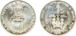 World Coins - India Republic 1976 B 50 Rupees (FAO) Silver (.500) Bombay Mint (3385) 34.93g UNC  KM 257