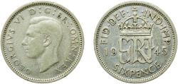 World Coins - Great Britain United Kingdom United Kingdom 1945 6 Pence - George VI (1st coinage) Silver (.500) Royal Mint (Tower Hill) (39939200) 2.79g VF  KM 852 Sp 4084 Schön 38