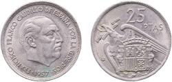 World Coins - Spain Nationalist Government 1957 *68 25 Pesetas - Francisco Franco Copper-nickel (75% copper, 25% nickel) Royal Mint of Spain (8635000) 8.43g UNC  KM 787 Cal 30 Schön 35