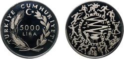 World Coins - Turkey Republic 1984 5000 Lira (1984 Summer Olympics Games) Silver (.925) Istanbul Mint (5343) 23.33g PF  KM 970