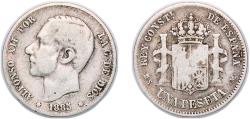 World Coins - Spain Kingdom 1885*??-85 MSM 1 Peseta - Alfonso XII (2nd portrait) Silver (.835) 4.9g VF KM 686 Cal 56