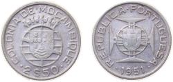 World Coins - Mozambique Portuguese colony 1951 2.50 Escudos Silver (.650) Lisbon Mint (4000000) 3.5g VF KM 68 Schön 12