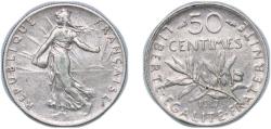 World Coins - France Third Republic 1917 50 Centimes Silver (.835) (48628732) 2.5g XF Franc 2014 190 Gad 1789 420 KM 854 Schön 186