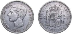 World Coins - Spain Kingdom 1881 *??-81 MSM 5 Pesetas - Alfonso XII (2nd portrait) Silver (.900) Madrid Mint (699000) 24.59g VF KM 676