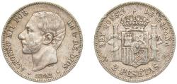 World Coins - Spain Kingdom 1882 MSM 2 Pesetas - Alfonso XII Silver (.835) Madrid Mint 10g VF KM 678