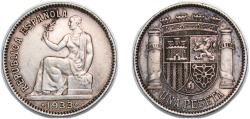 World Coins - Spain Second Republic 1933 *3-4 1 Peseta - II Republic Silver (.835) Madrid Mint (2000000) 4.91g XF  KM 750 Cal 1
