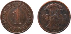World Coins - Germany Weimar Republic 1930 F 1 Reichspfennig Copper Staatliche Münze Baden-Württemberg (6415000) 1.96g VF  KM 37 AKS 57 J 313 Schön 36