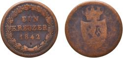 World Coins - Germany Duchy of Nassau German states 1842 1 Kreuzer - Adolph Copper Wiesbaden Mint (479800) 3.47g F  AKS 71 Jaeg 7 NW 37 KM 67 Kahnt/Schön 59